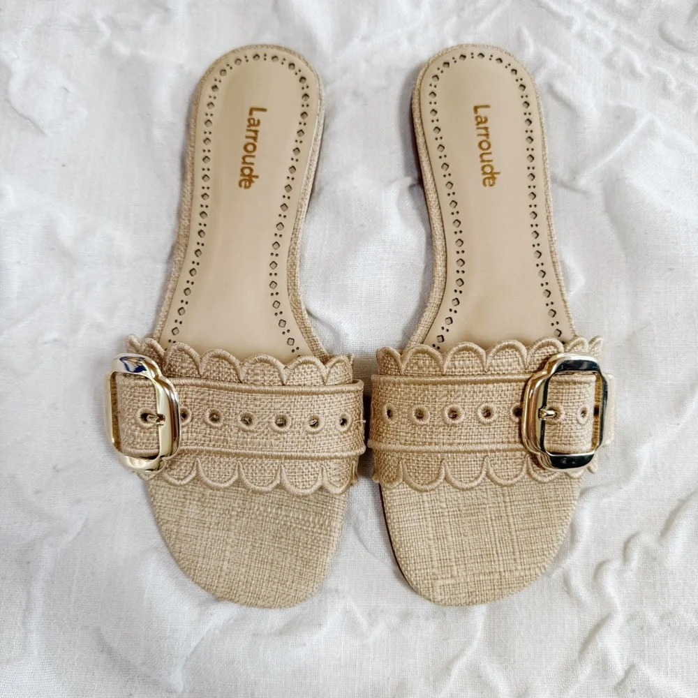 Larroudé Ivy Broderie Flat Sandal In Beige Raffia Size 6 New - Picture 3 of 11